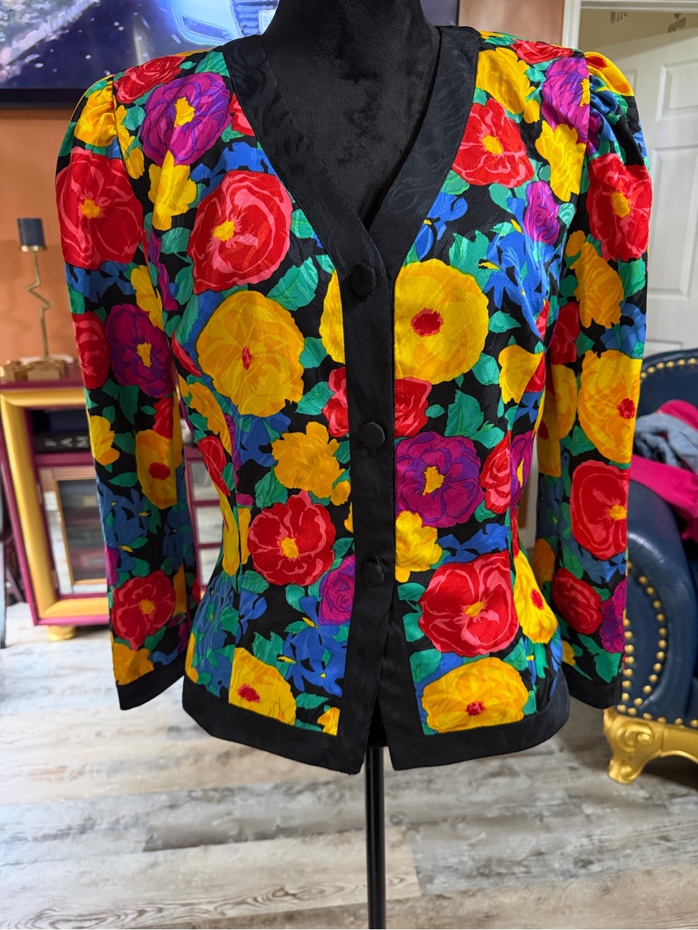 Black Floral Puff-Sleeve Jacket - Vibrant Multi-Color